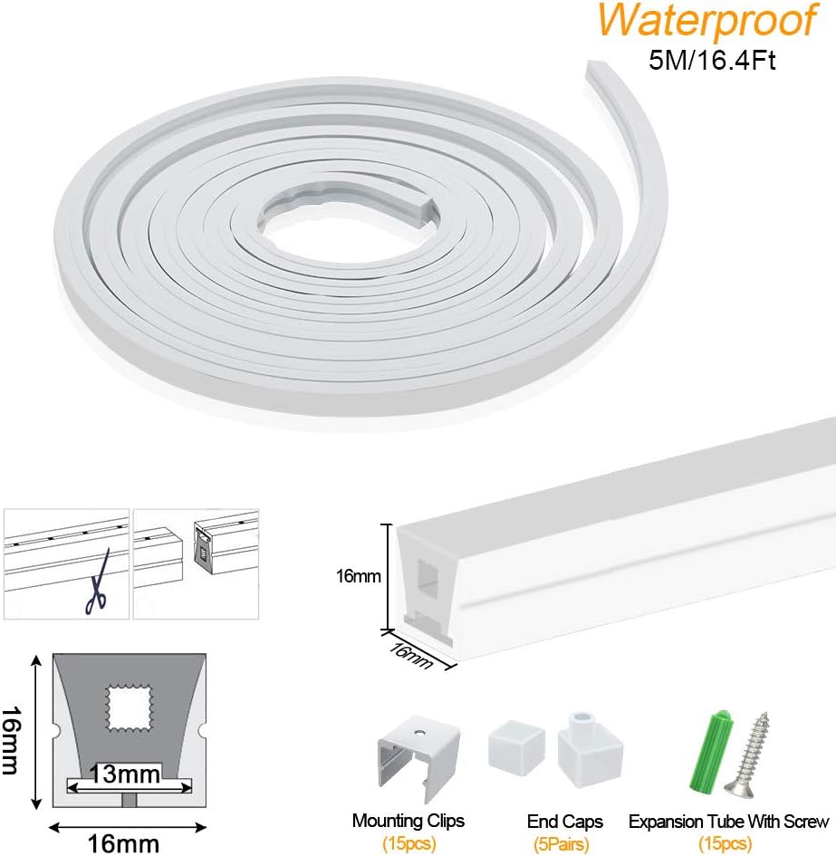 Neonlichtgehäuse – S1616 | 16x16mm Silikon-LED-Kanalsystem | IP67 wasserdicht | 12mm Leiterplattenbreite | 16,4FT/5M | Lagerbestand US/UK/DE