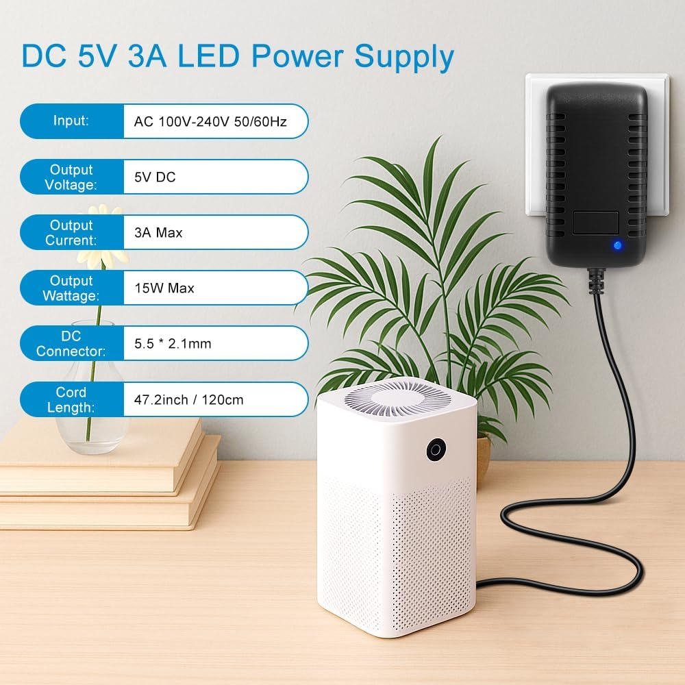 DC 5V Plug-in Power Supply Adapter 15W/25W, AC 100–240V Input, Wall Charger Transformer with US Plug — for LED Strip Lights, Router, USB Devices, Electronics
