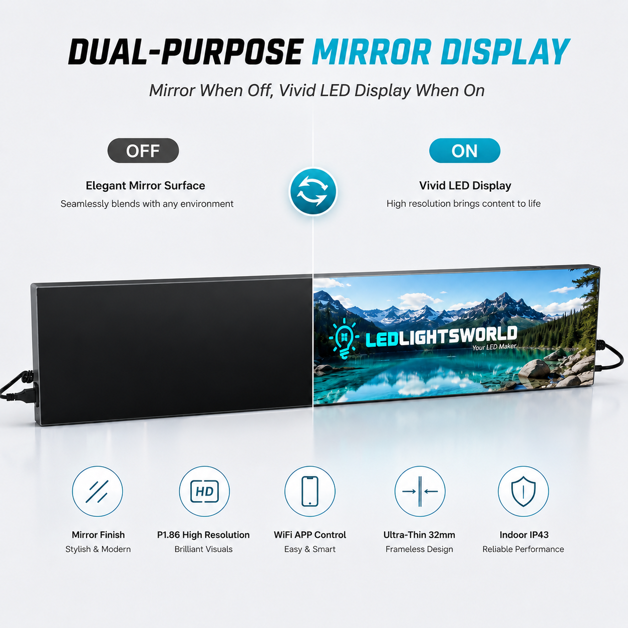 FL Series Frameless LED Shop Display – P1.86 · 160×960mm | Mirror Finish LED Screen, Seamless with Modern Shop Décor