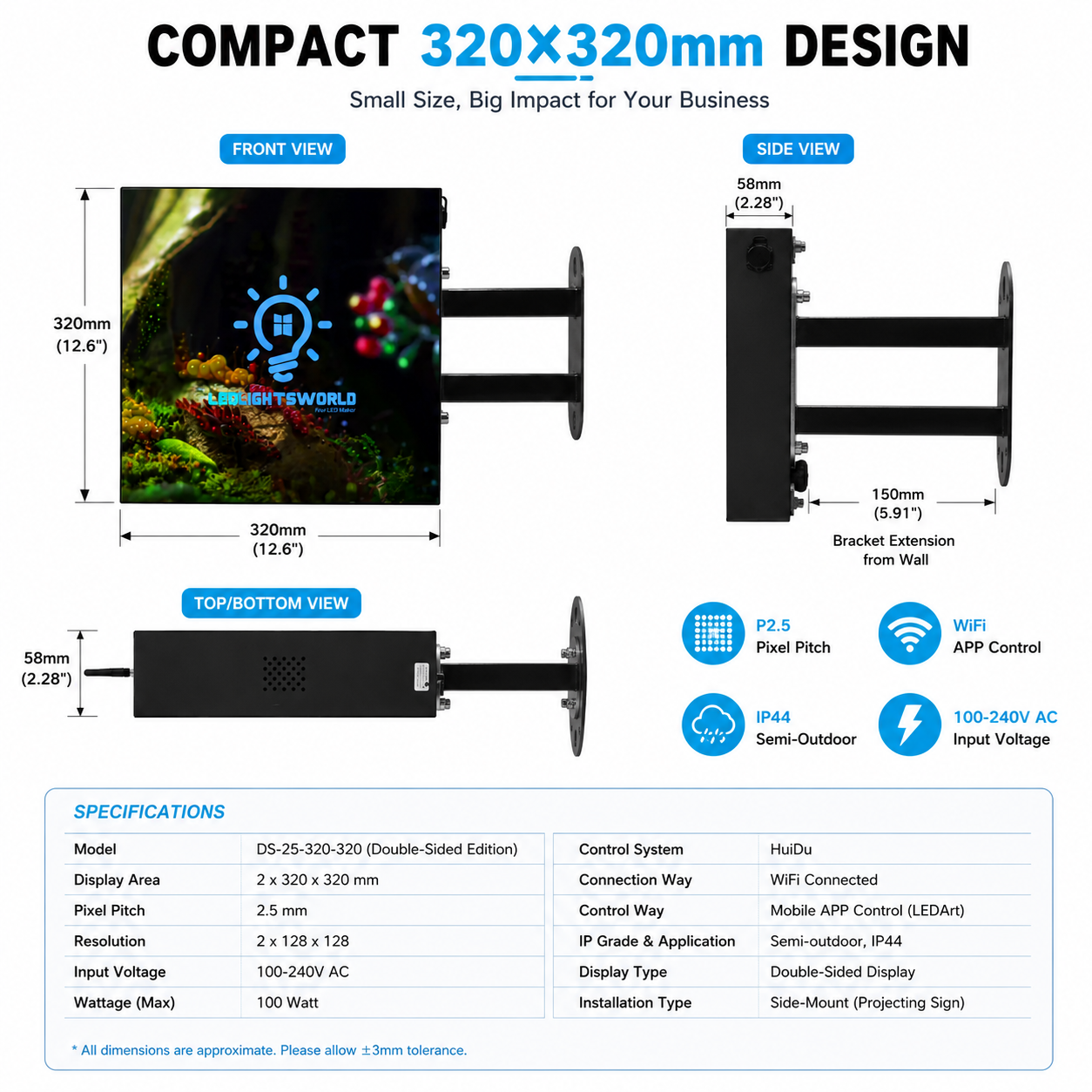 DS Series Double-Sided LED Shop Sign – P2.5 · 320×320mm | Waterproof Projecting Sign for Cafés, Boutiques & Small Stores