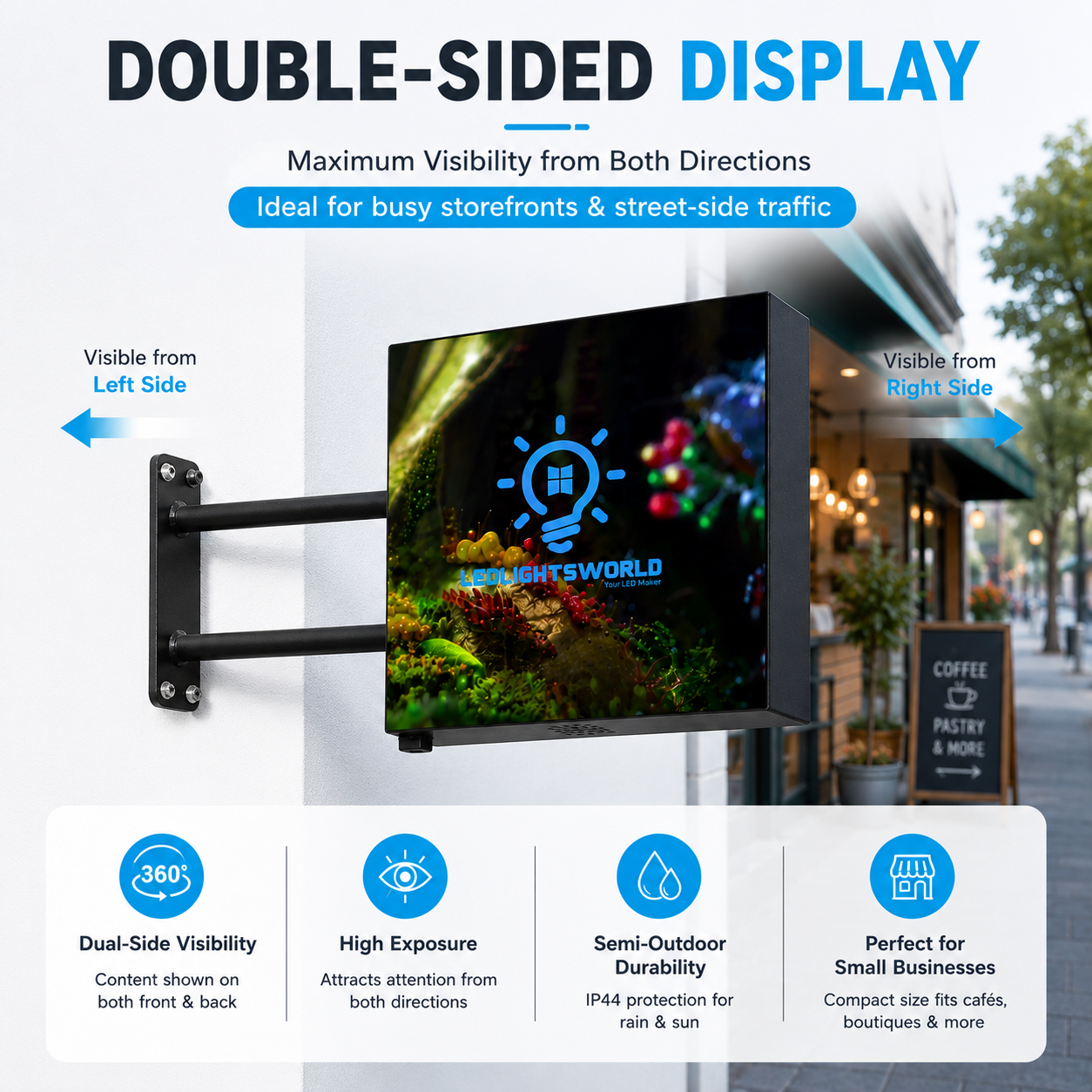 DS Series Double-Sided LED Shop Sign – P2.5 · 320×320mm | Waterproof Projecting Sign for Cafés, Boutiques & Small Stores
