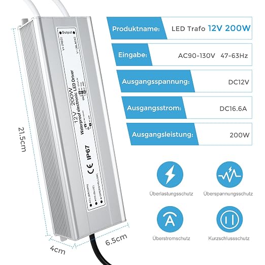 12V Waterproof LED Power Supply, 175–265V Input, 200W–500W, Single/Dual Wire Output, Aluminum Housing, Outdoor LED Driver, CE/RoHS/FCC — UK/EU Plug & Wire Leads Options