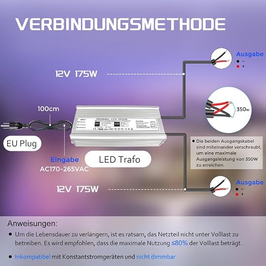 12V Waterproof LED Power Supply, 175–265V Input, 200W–500W, Single/Dual Wire Output, Aluminum Housing, Outdoor LED Driver, CE/RoHS/FCC — UK/EU Plug & Wire Leads Options