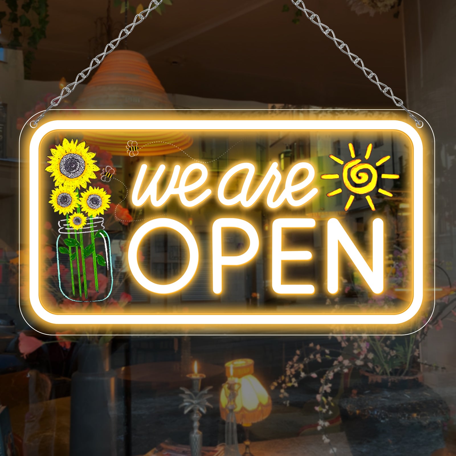 We Are Open Neon Sign with Sunflower Decor – USB Version | Warm White / Yellow & White | 17×9” / 24×13” | DC 5V LED Window Light for Business Decor