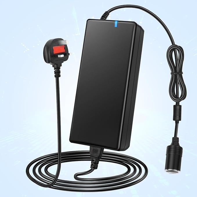 DC 12V Cigarette Lighter Desktop Power Supply Adapter 60W–120W, AC 100–240V Input, Converter Transformer with UK Plug — for Car Accessories, Air Pump, Cooler, and Electronics