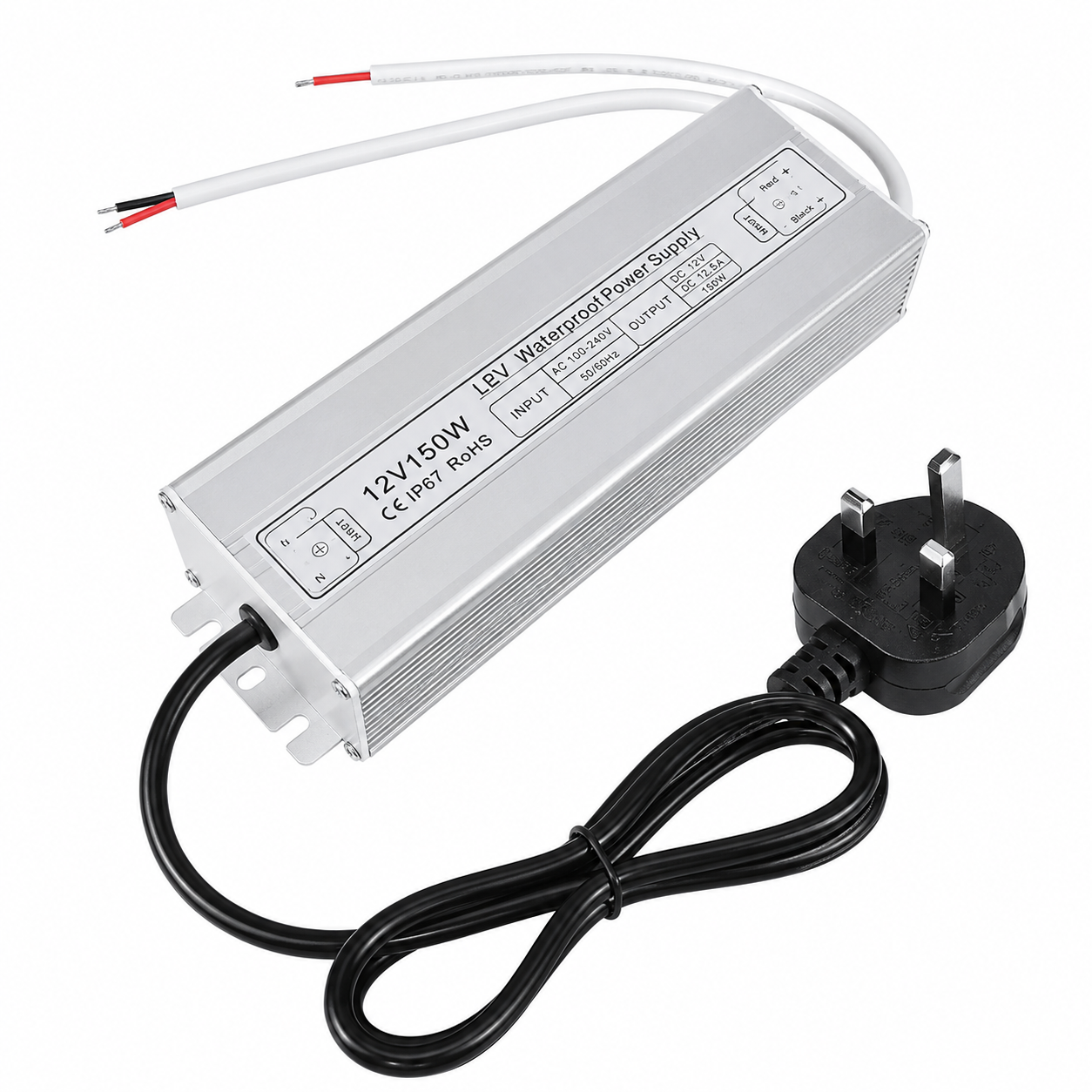 12V Waterproof LED Power Supply 30W–280W, 90–265V Input, Single/Dual Wire Output, Aluminum Housing, Outdoor LED Driver, CE/RoHS/FCC —US/UK/EU Plug & Wire Leads Options