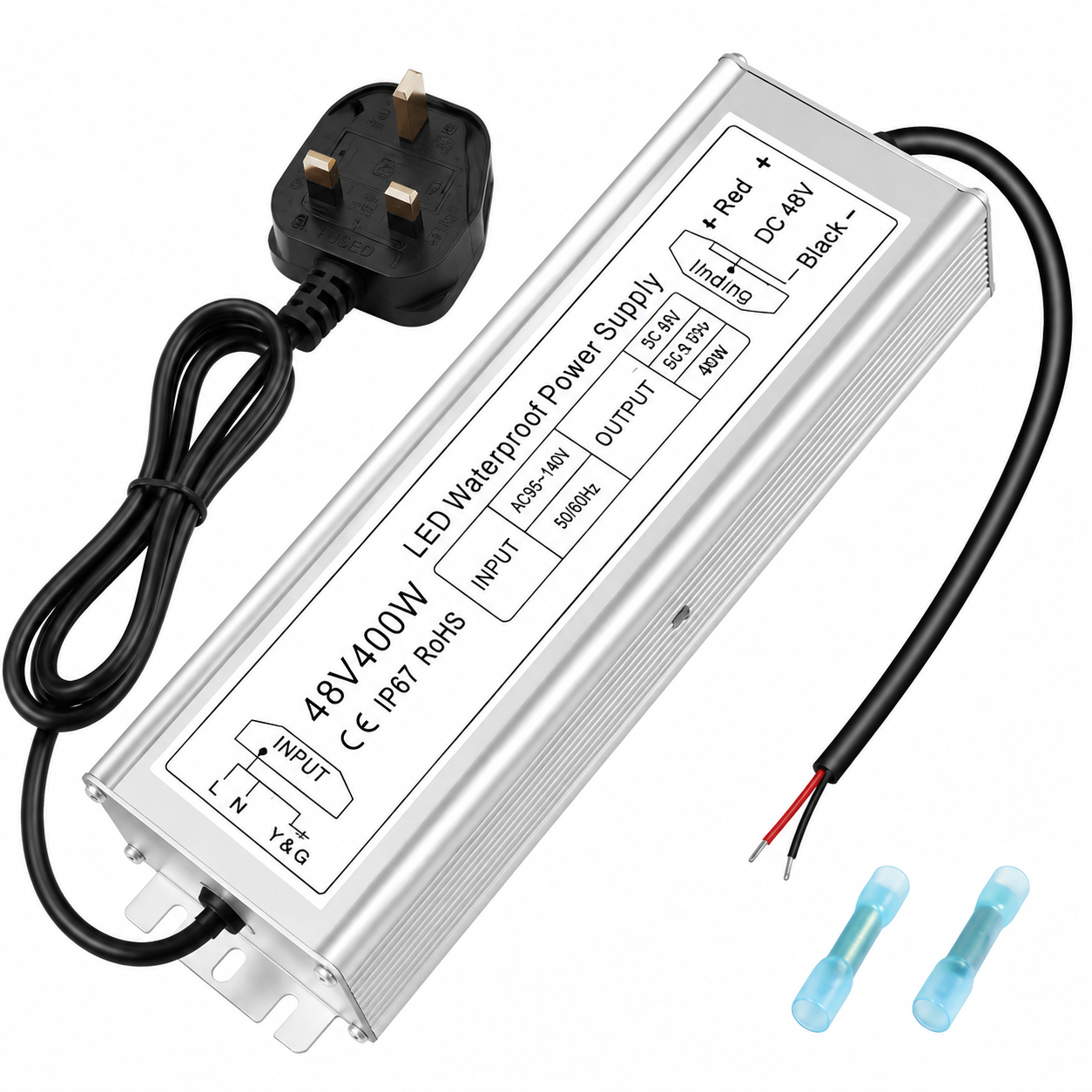48-V-LED-Netzteil, 175–265 V Eingang, 100–400 W, Konstantspannungstransformator, IP67 wasserdichtes SMPS, CE/RoHS/FCC – UK/EU-Stecker und Kabeloptionen 