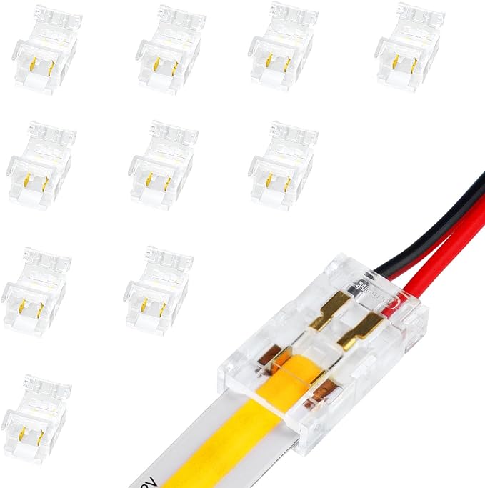 Transparent Crystal LED Strip Connectors – 8mm 2Pin Solderless Clips | Strip to Wire / Strip to Strip / DC Adapter / L – Bulk Wholesale 500pcs MOQ | Factory Direct