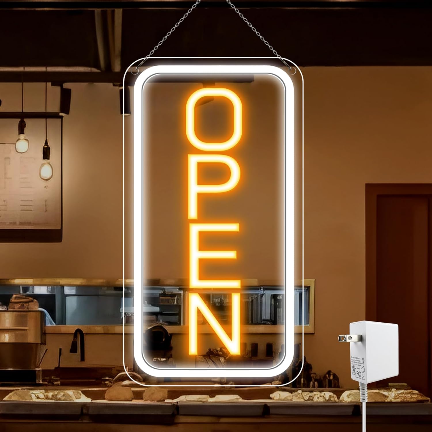 OPEN Neon LED Sign – Vertical Rectangular | 5 Glow Color Options | 16×9 / 23×12 inch | Window Hanging | Plug & Play for Storefronts