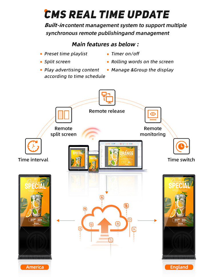 65'' LCD Digital Signage, Free Standing LCD Digital Poster Kiosk, No Touch, Single Sided, Android OS, Caster Wheels