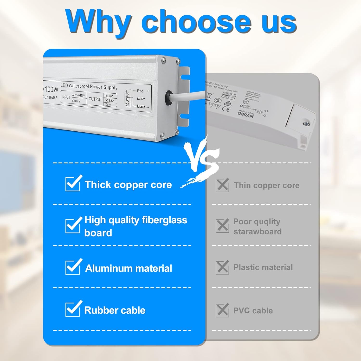 12V Waterproof LED Power Supply 30W–300W, 90–265V Input, Single/Dual Wire Output, Outdoor LED Driver, CE/RoHS/FCC —US/UK/EU Plug & Wire Leads Options