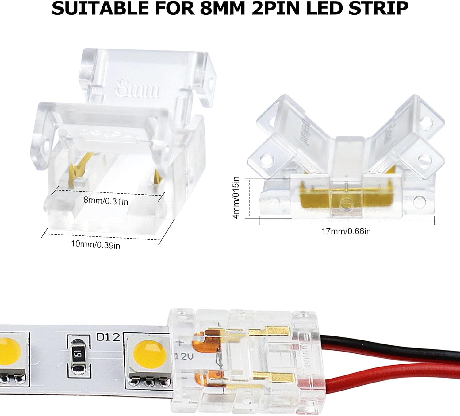 Transparente Kristall-LED-Streifenverbinder – 8 mm 2-polige lötfreie Clips | Streifen zu Kabel / Streifen zu Streifen / DC-Adapter / L – Lokaler Lagerbestand US/UK