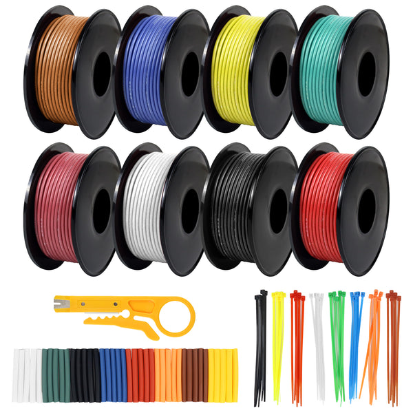20 AWG 0.5mm² Silicone Electrical Wire Set In 8 Colors,5m/16.4ft Per Roll, 20 Gauge Stranded Wire Spool, Tinned Copper Cable For DIY