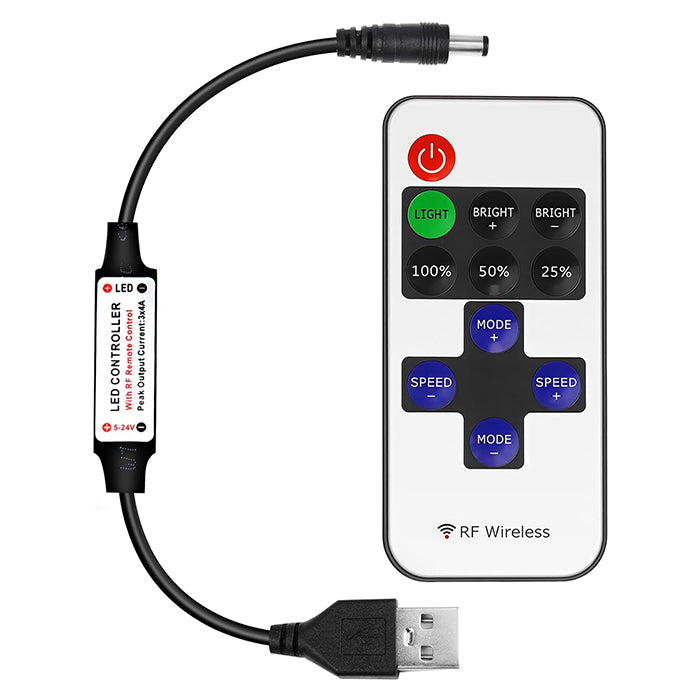 LED Strip Controller – 5V/24V – Black RF Remote with  Dimmer Function | For Single Color 5050/3528 Strips