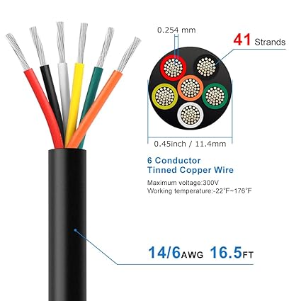 14 AWG Electrical Wire, 6/7/8 Conductor Stranded Tinned Copper Cable, Black/White PVC Multi-Core Power Cord, Flexible Control Extension Cable — 10/20/50m (33ft–165ft) Options