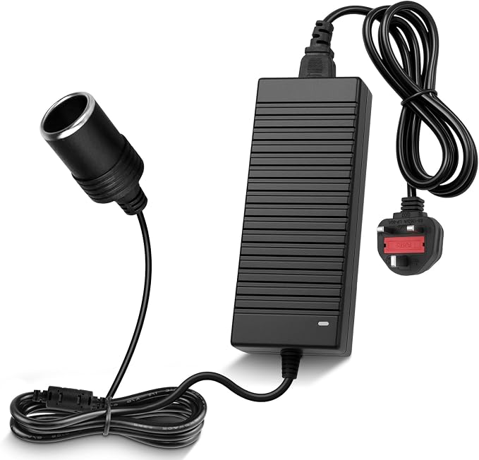 DC 12V Cigarette Lighter Desktop Power Supply Adapter 60W–120W, AC 100–240V Input, Converter Transformer with UK Plug — for Car Accessories, Air Pump, Cooler, and Electronics