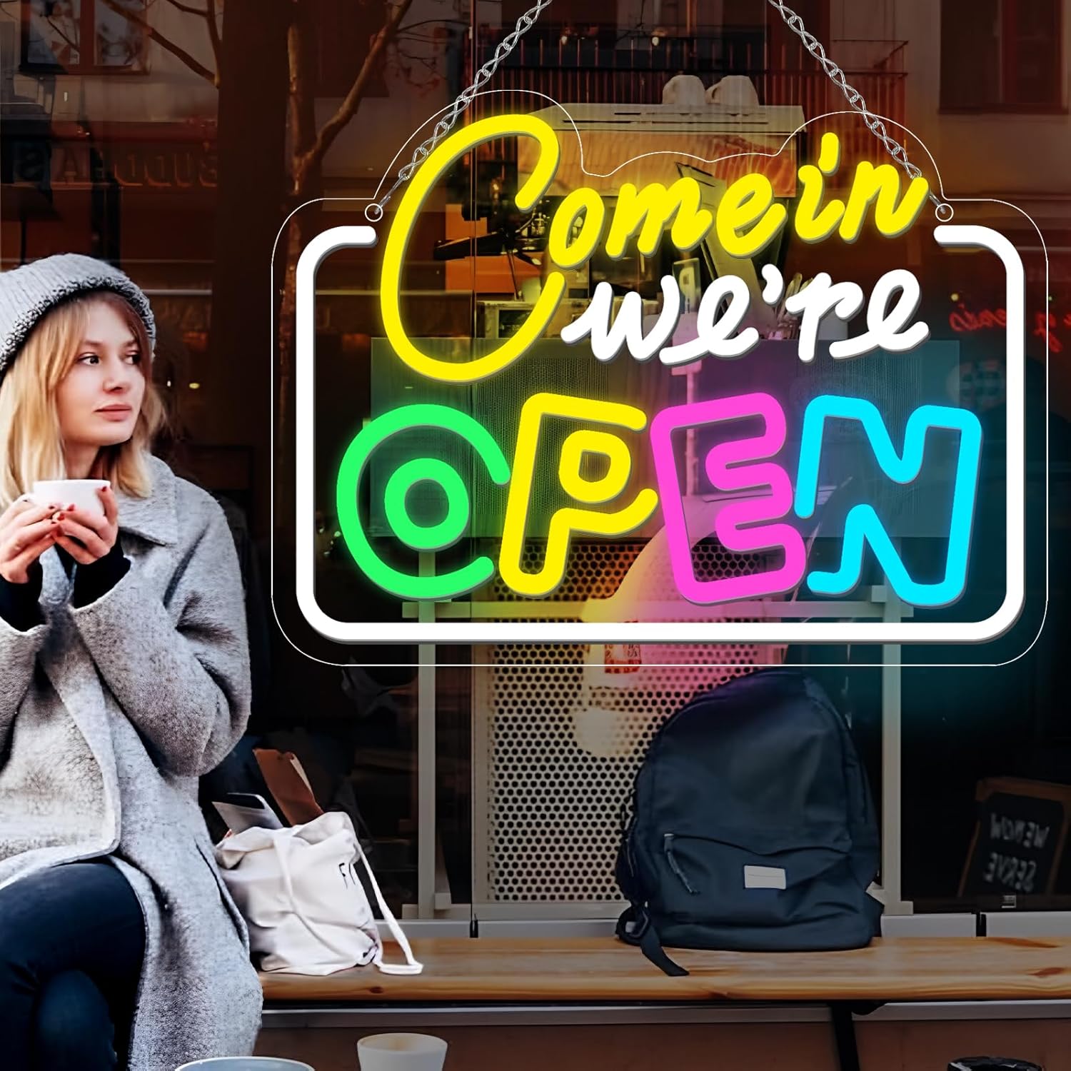 Come in We’re Open Neon Sign – Multicolor Glow | 15.7×11.8 inch (40×30 cm) | Window Hanging Business Sign | Plug & Play