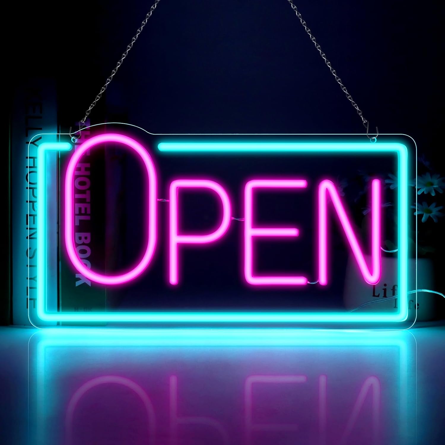 OPEN Neon Sign – Big “O” Style | 5 Glow Color Options | 17×9 inch (42×22 cm) | Window Hanging | Plug & Play for Storefronts