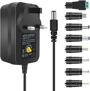3V-12V Wall Plug Power Supply - AC 100-240V Input, Black Housing with UK Plug for LED Strip Lights, Router and Electronic Devices
