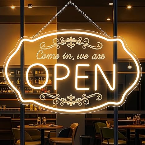 WE ARE OPEN COME IN LED Silicone Neon Sign – 23.5×14 Inch & 16.5×10 Inch | 5V USB Powered Dimmable Light with Engraved Back Design for Storefront Window & Business Decor