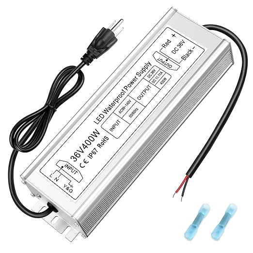 36V LED Driver, 90–140V Input, 100W–400W, Single Output Constant Voltage Power Supply, Aluminum Housing, IP67 Waterproof, CE/RoHS/FCC — US Plug & Wire Leads Options