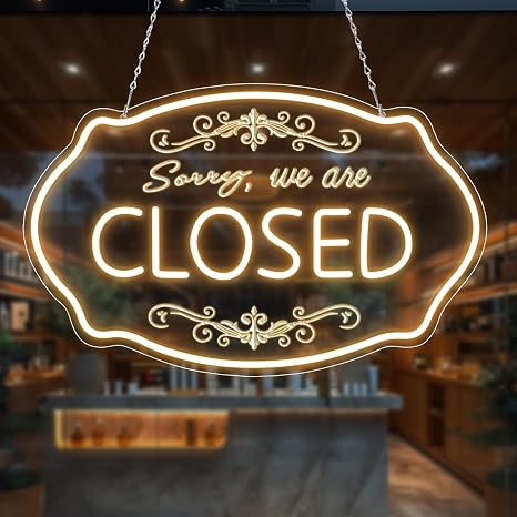 SORRY, WE ARE CLOSED LED Silicone Neon Sign – 16.5×9 Inch (42×23 cm) Horizontal Style | 5V USB Powered Warm White Dimmable Light for Storefront Window & Business Decor