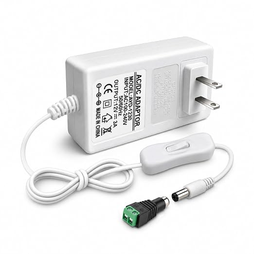 DC 12V Power Supply Adapter with On/Off Switch, 24W/36W Options, US Plug, White Housing, 100–240V AC Input, Wall Plug Charger for LED Strip Lights and Electronics