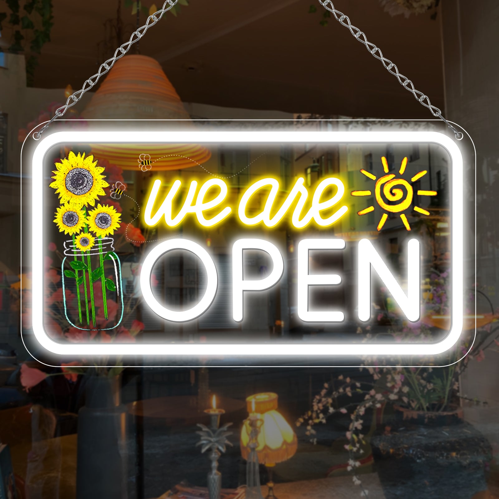We Are Open Neon Sign with Sunflower Decor – USB Version | Warm White / Yellow & White | 17×9” / 24×13” | DC 5V LED Window Light for Business Decor