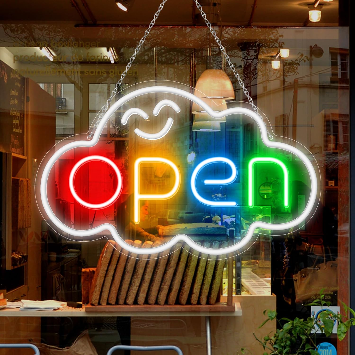 OPEN LED Sign – Cloud Shape | Fixed Rainbow Glow Neon Sign | 2 Sizes | Window Hanging | Plug & Play for Storefronts