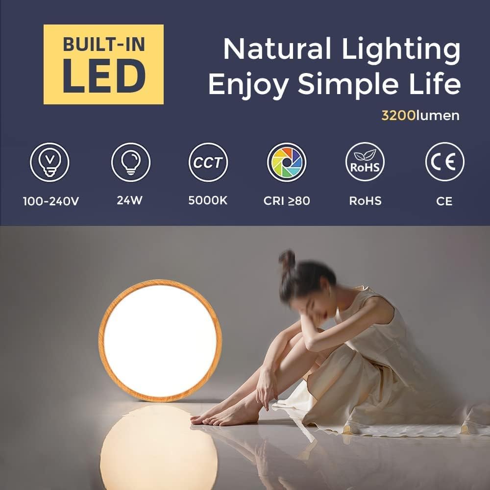 AC 220–240V Round LED Ceiling Light – Wood Grain – 24W – 3000K / 4500K / 5000K / 6500K – Flush Mount Ceiling Light – Local Stock (UK/DE)