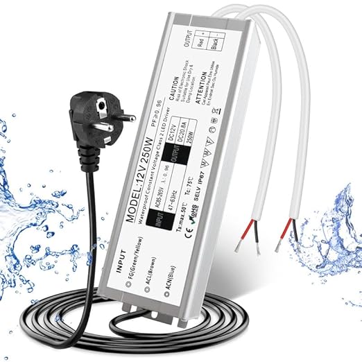 12V Waterproof LED Power Supply 30W–280W, 90–265V Input, Single/Dual Wire Output, Aluminum Housing, Outdoor LED Driver, CE/RoHS/FCC —US/UK/EU Plug & Wire Leads Options