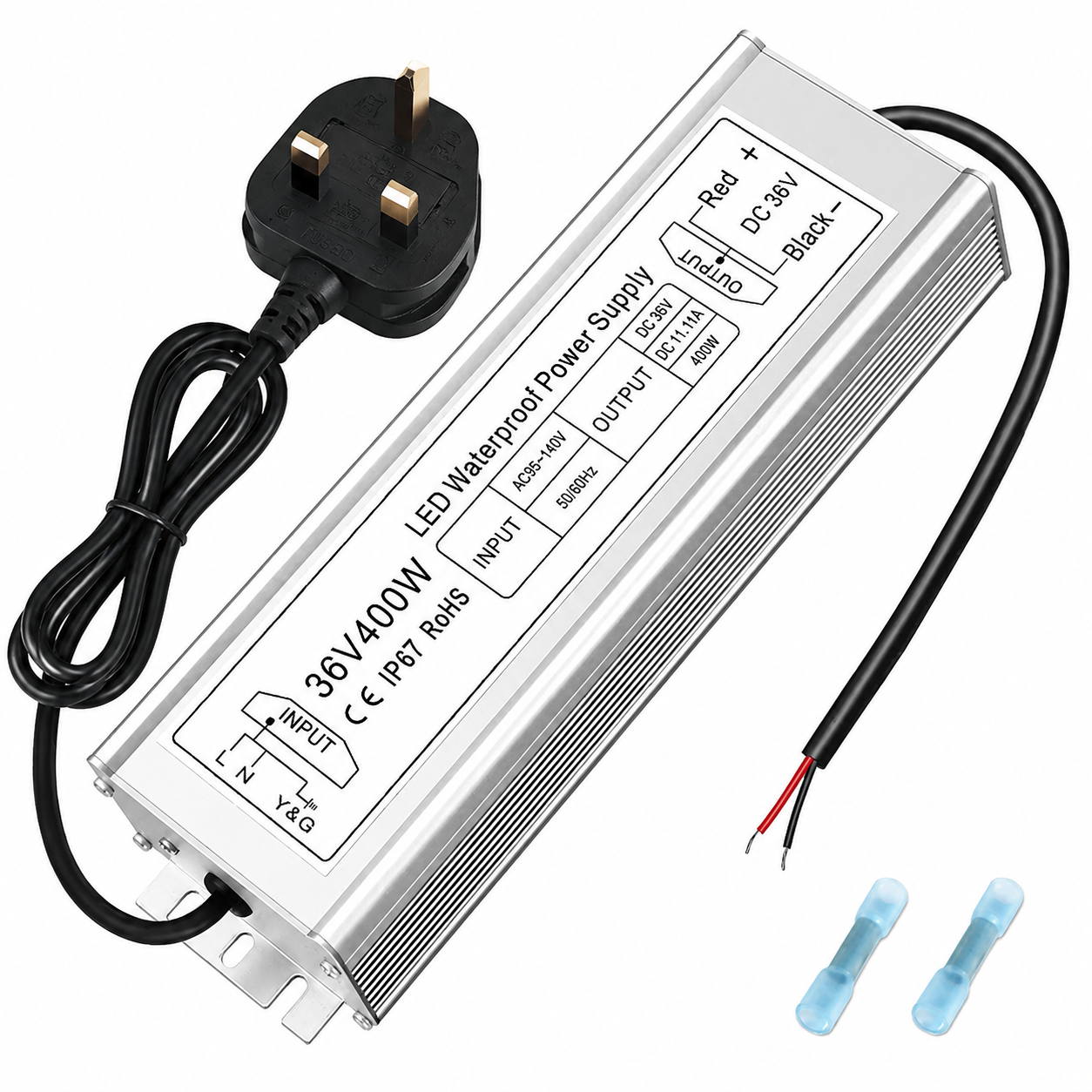 36-V-LED-Treiber, 175–265 V Eingang, 100–400 W, Einzelausgang, IP67 wasserdichtes SMPS, CE/RoHS/FCC – UK/EU-Stecker und Kabeloptionen 