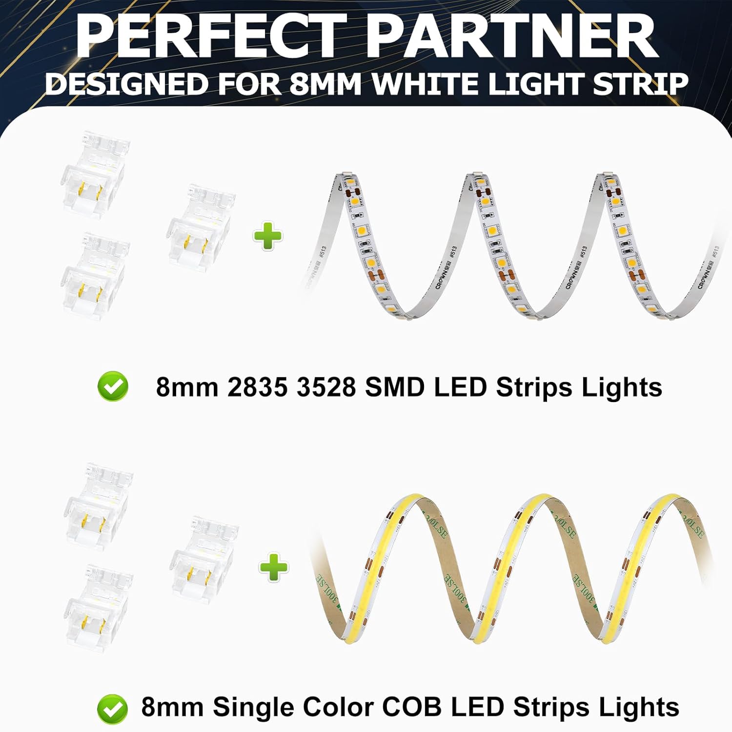 Transparente Kristall-LED-Streifenverbinder – 8 mm 2-polige lötfreie Clips | Streifen zu Kabel / Streifen zu Streifen / DC-Adapter / L – Lokaler Lagerbestand US/UK