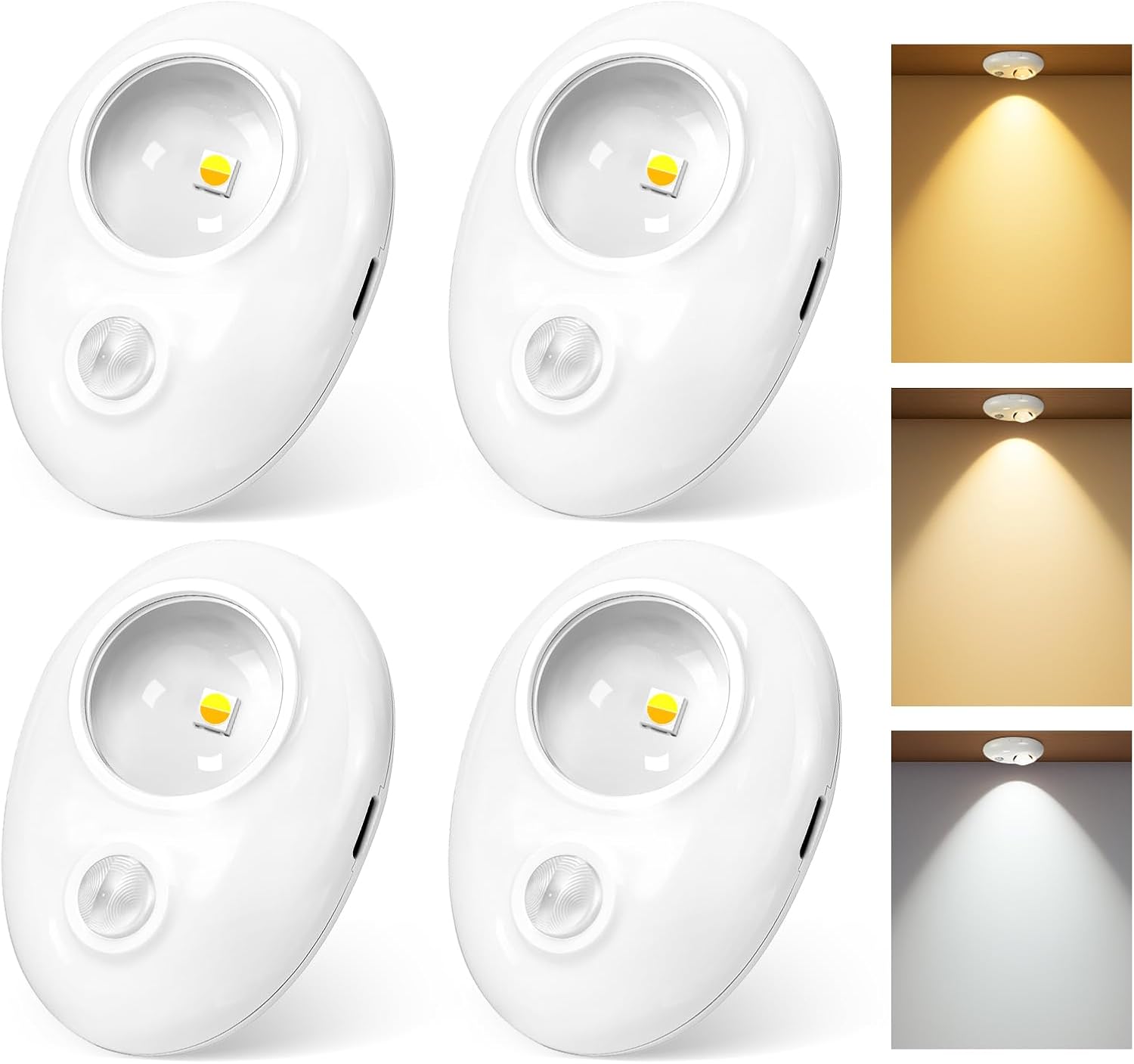 4/6 Pack Rechargeable Pebble LED Closet Light | 1 LED, 3 Color Modes (3000K / 4000K / 6000K) | Motion Sensor, Tap Switch, Dimmable | White Finish | Magnetic Mounting