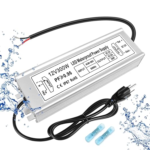 12V Waterproof LED Power Supply 300W, 90–265V Input, Single/Dual/Triple Wire Output, Aluminum Housing, Outdoor LED Driver, CE/RoHS/FCC —US/UK/EU Plug & Wire Leads Options