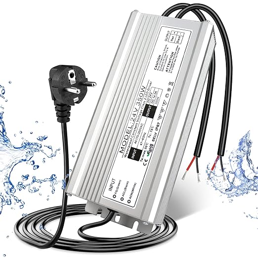 24V Waterproof LED Driver, 175–265V Input, 200W–500W, Single/Dual Wire Output, Aluminum Housing, Outdoor Power Adapter, CE/RoHS/FCC — UK/EU Plug & Wire Leads Options