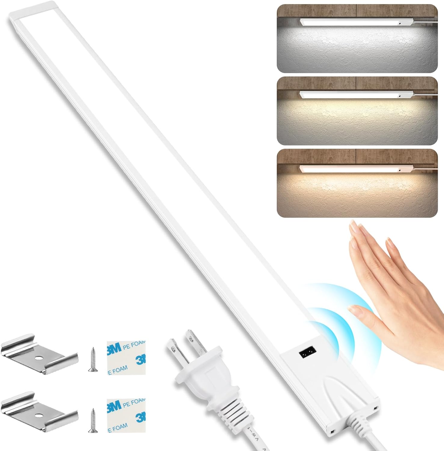 1/2 Pack 16 / 22 Inch Under Cabinet Light – 3CCT (3000K/4000K/6000K) | Hand Wave Sensor | Adhesive Mount | Slim Design for Cabinet & Shelf – White Finish
