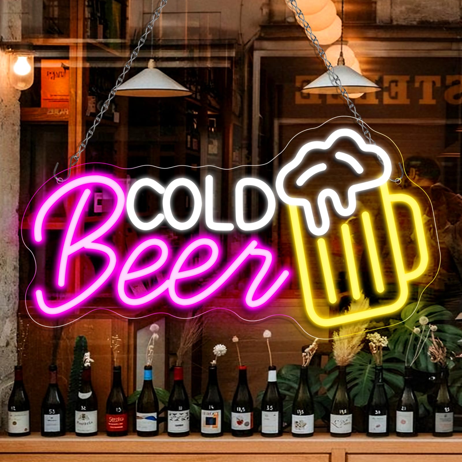 Cold Beer LED Sign – 16.5 × 8.8 inch | Multi-Color Glow | USB Powered | Hanging | Ideal for Bar, Pub, Lounge, Nightclub, Party Mood Lighting
