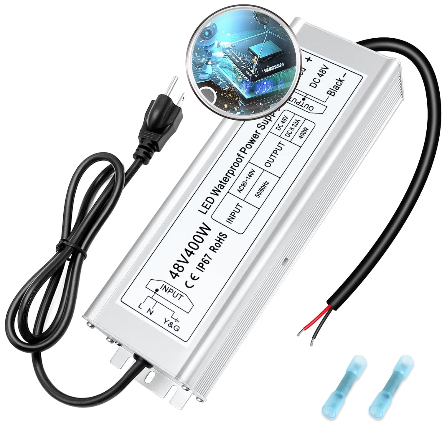 48V LED Driver, 90–140V Input, 100W–400W, Single Output Constant Voltage Power Supply, IP67 Waterproof, CE/RoHS/FCC — US Plug & Wire Leads Options