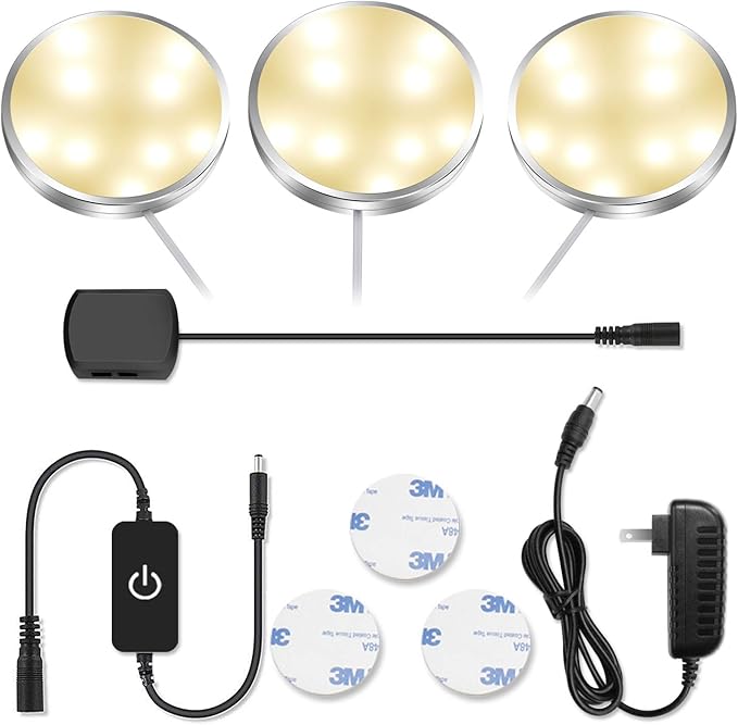 3 / 6 Pack LED Puck Cabinet Lights – Warm White / Daylight White | Silver Finish | 12V Adapter with US / UK Plug | Touch Dimmable | Adhesive Mount | for Kitchen & Under Cabinet