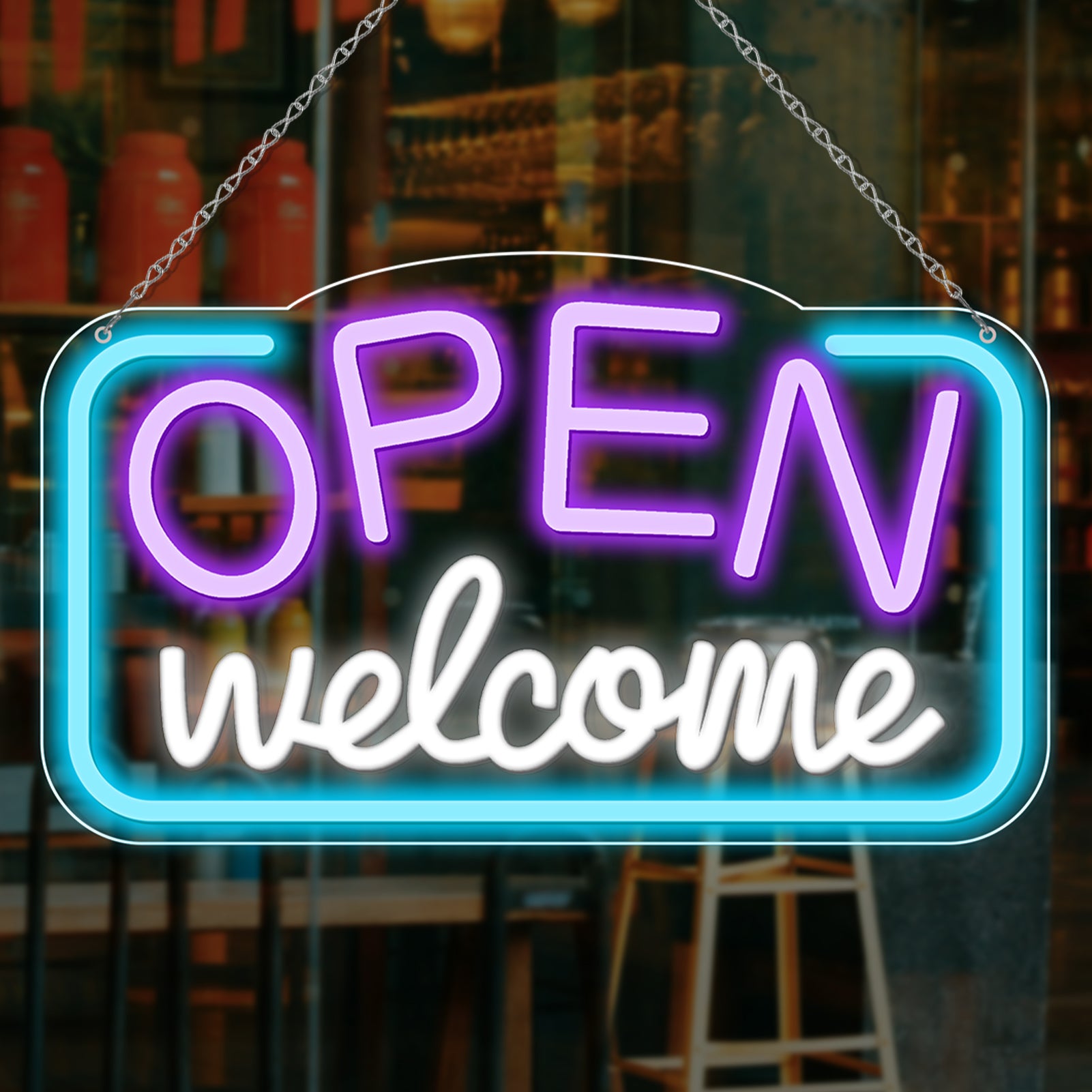 Neonschild „OPEN Welcome“ – USB-betrieben | 43×25 cm (17×10 Zoll) | LED-Licht für Schaufenster | 2 Farboptionen