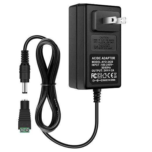 DC 24V Power Supply Adapter 48W/72W, AC 100–240V to 24V Switching Transformer, LED Driver Wall Plug Charger with US/UK Plug, Black Case