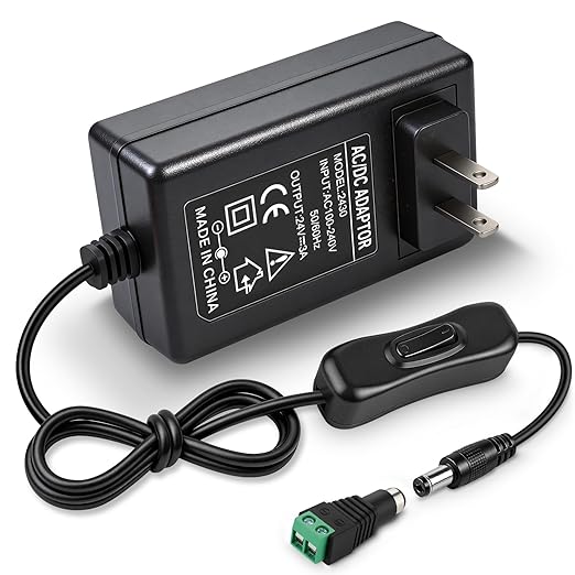 DC 24V Power Supply Adapter with On/Off Switch, 48W/72W Options, US Plug, Black Housing, 100–240V AC Input, Wall Plug Charger for LED Strip Lights and Electronics