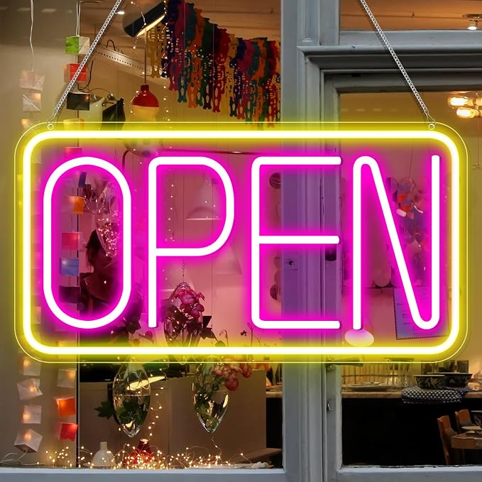 OPEN Silicone Neon Signs – USB Powered | 16.5×9 inch | Yellow + Pink Glow | LED Window Hanging Light for Storefronts