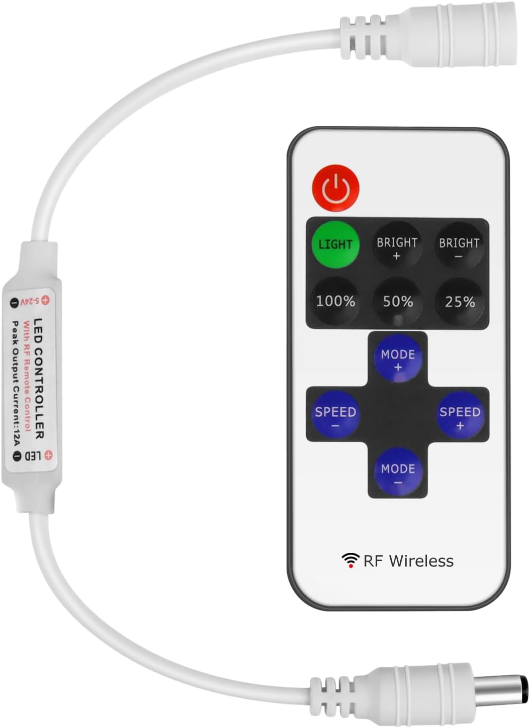 LED Strip Controller – 5V/24V – White RF Remote with Dimmer Function | For Single Color 5050/3528 Strips