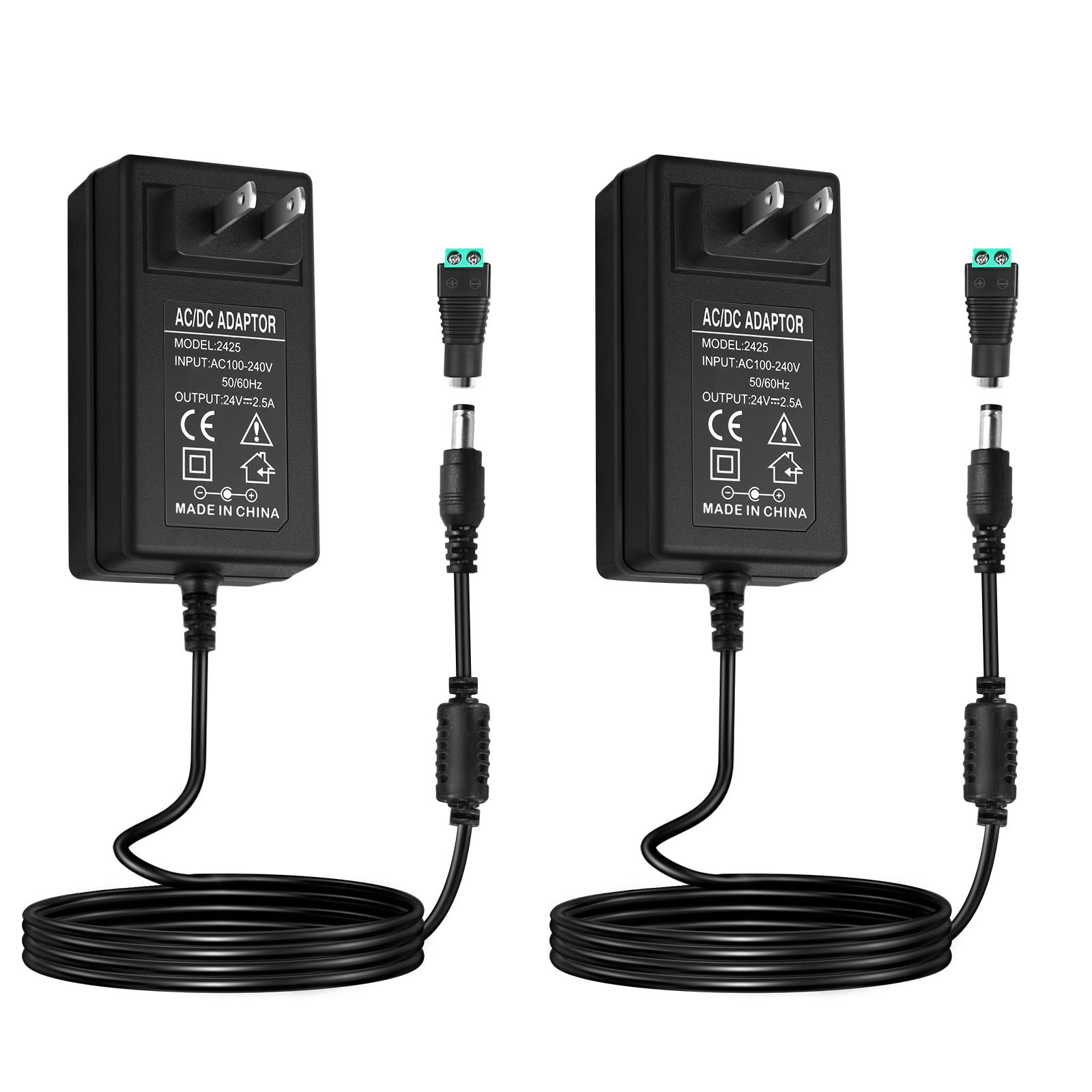 DC 24V Power Supply Adapter 48W–72W, AC 100–240V to 24V Switching Transformer, LED Driver Wall Plug Charger with US Plug, Black Case
