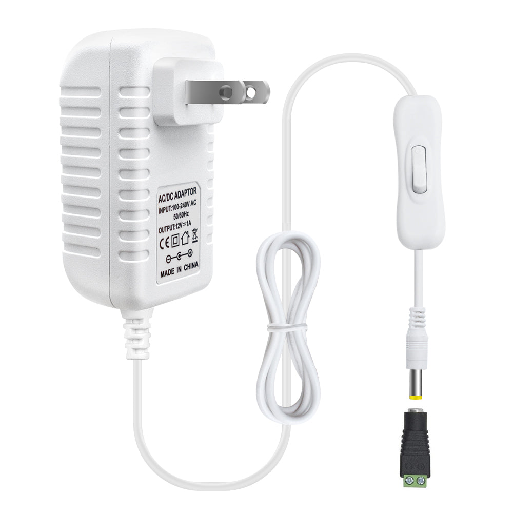 DC 12V Power Supply Adapter with On/Off Switch, 12W/24W/36W Options, US Plug, Black/White Housing, 100–240V AC Input, Wall Plug Charger for LED Strip Lights and Electronics