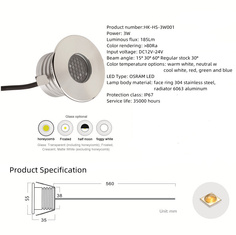 6PCSPack 3W DC12V-24V IP67 Anti-Glare Montierbar Outdoor U-Licht Edelstahl Dimmbare Honeycomb Schritt Licht