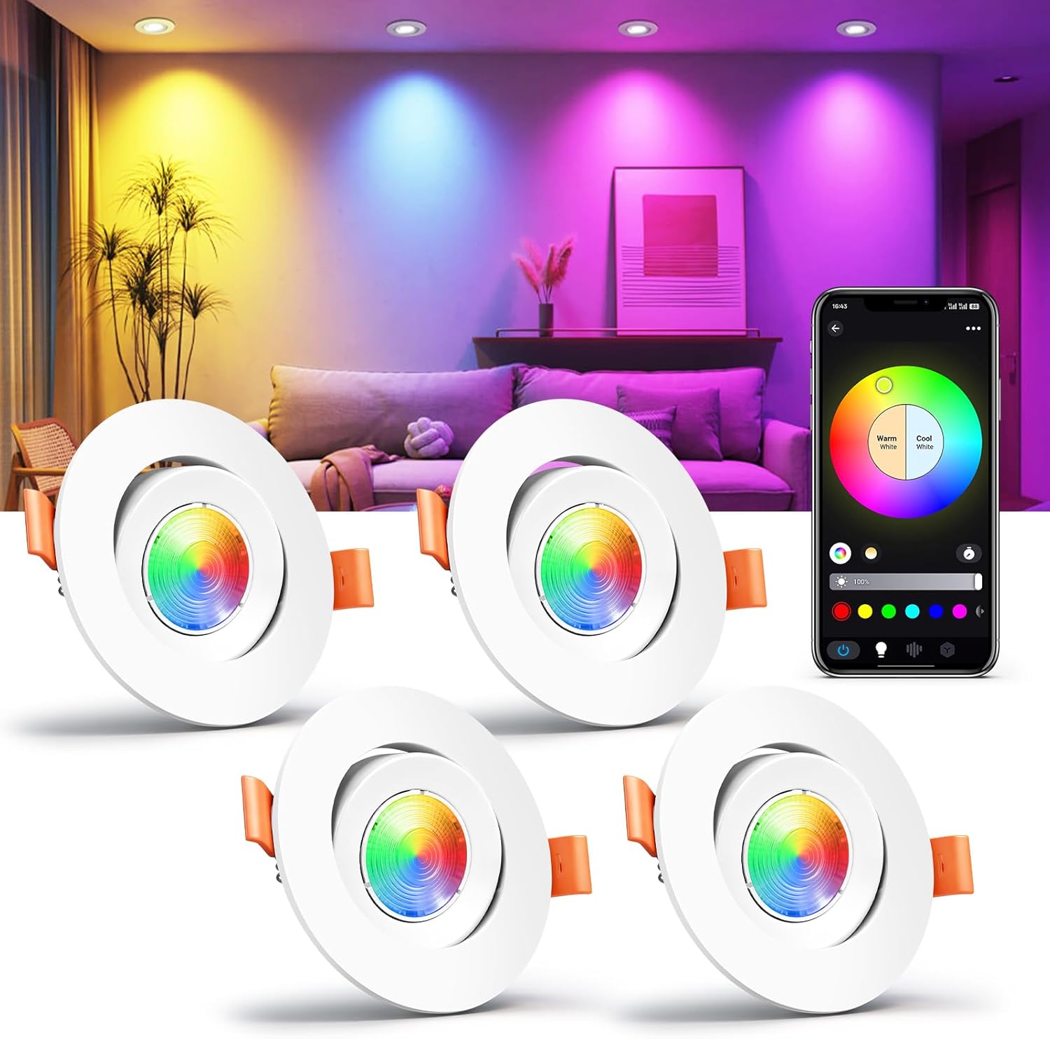 Smart WiFi Recessed Lighting | 3Inch 5W | Ultra-Thin 60° Adjustable Downlight | Dimmable RGB & CCT 2700-6500K | 85–240V | White Housing | Compatible with Alexa and Google Home | 4 -Pack