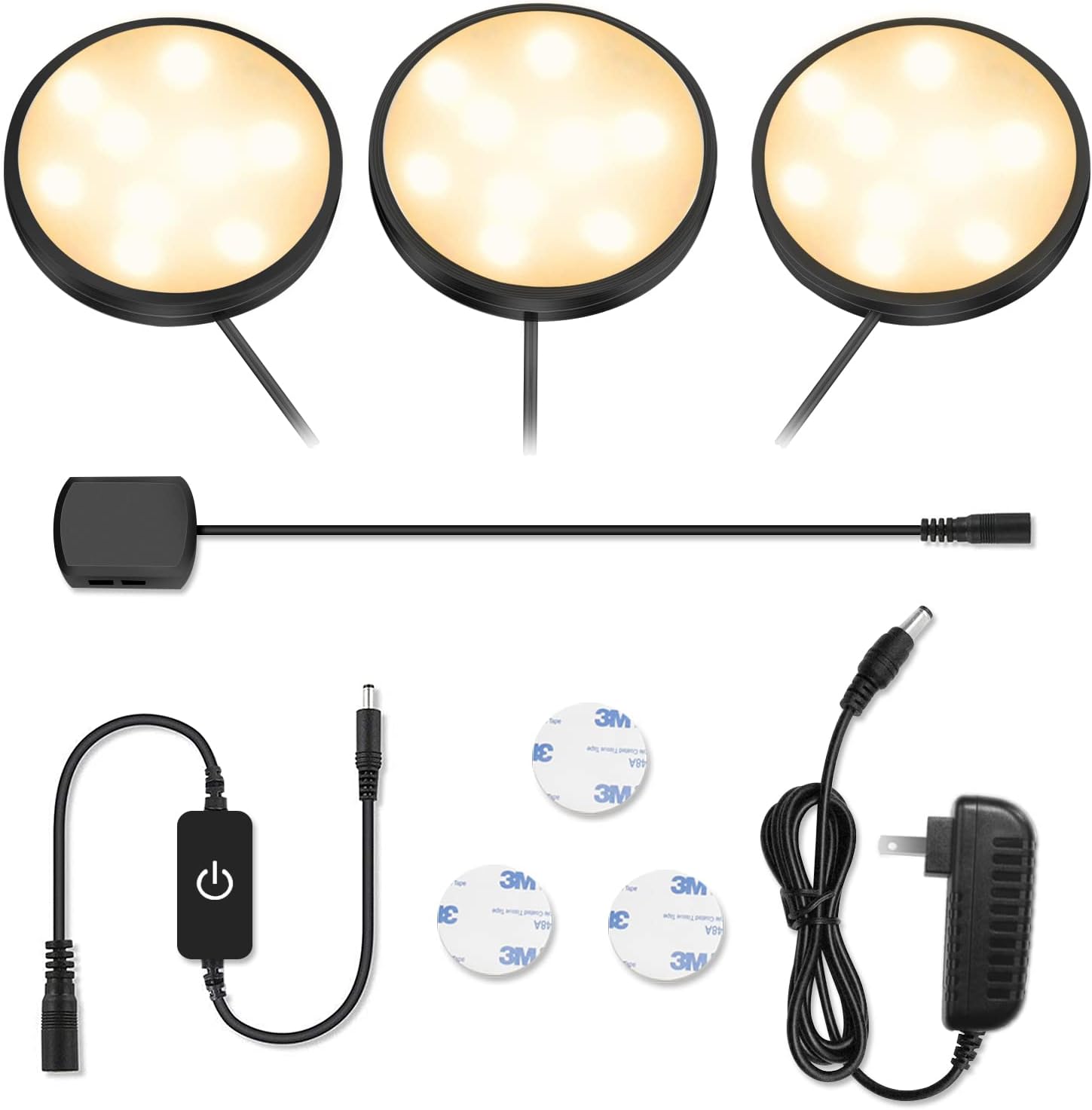 3 Pack LED Puck Cabinet Lights – Warm White / Daylight White | Black Finish | 12V Adapter with US / UK Plug | Touch Dimmable | Adhesive Mount | for Kitchen & Under Cabinet